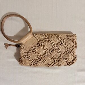 HOBO Leather Woven Clutch Wristlet Bag Tan Full Grain Leather Wrist Strap